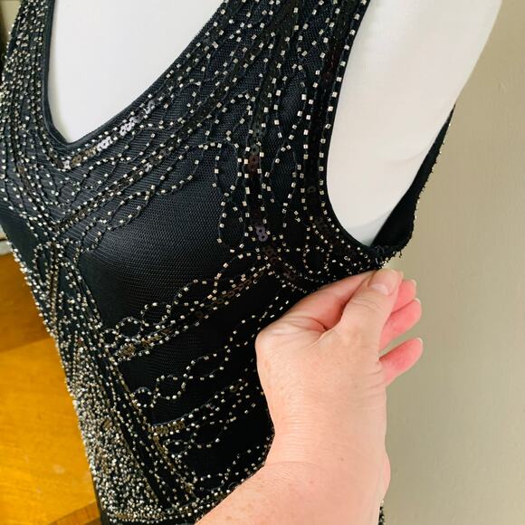 Vintage Size M Beaded Sequin Fringed Flapper Dress Black 20s Party - Picture 4 of 10